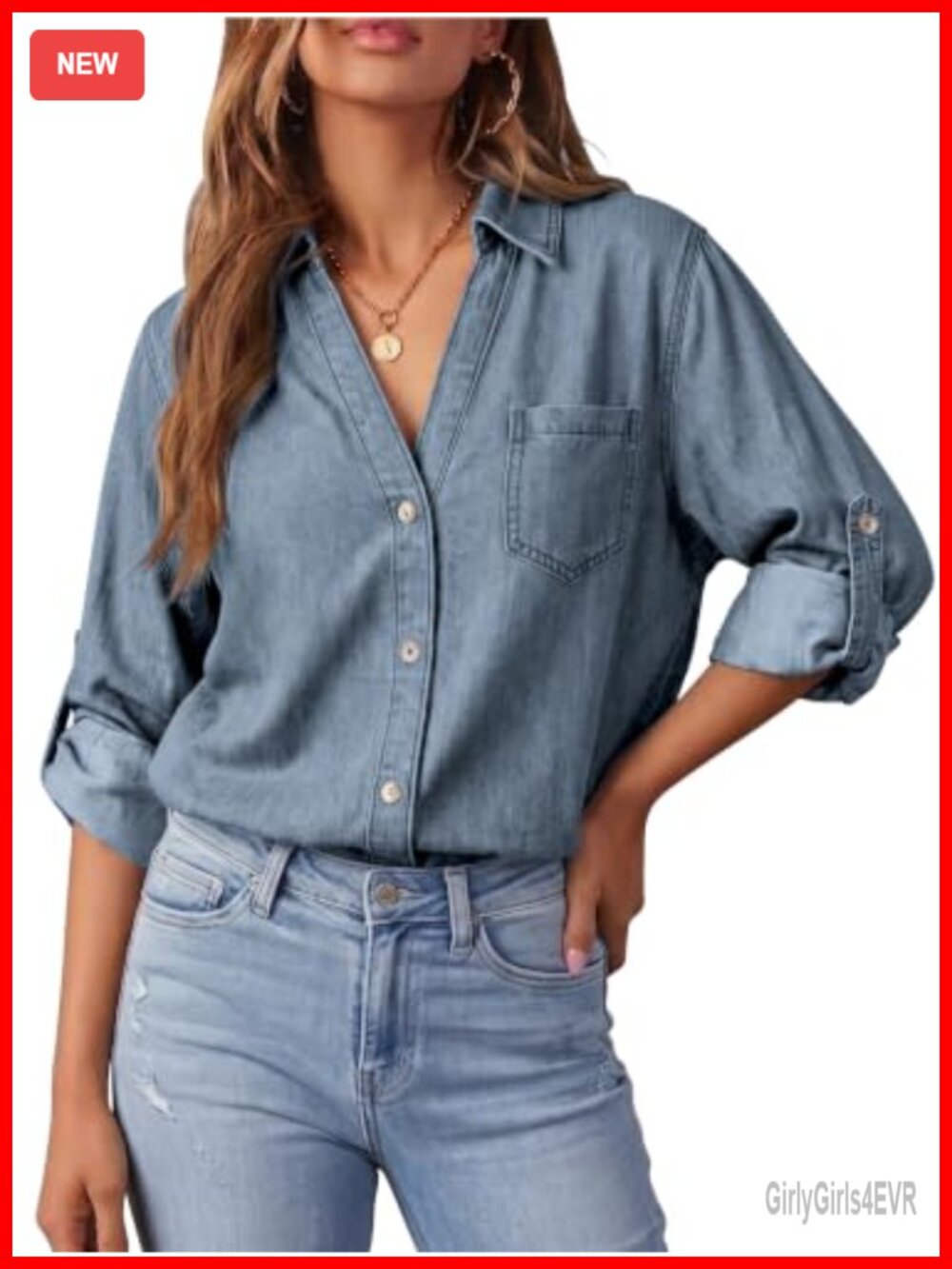 ECOWISH Women's Denim Button Down Shirt Long Sleeve V Neck Blouse